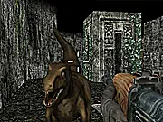 A screenshot from the Dinosaur Killer game showing a character firing a weapon at a crowd of charging dinosaurs in a jungle setting.