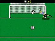 Handy Footy Free Kick game screenshot showing a football being kicked toward a goal, with the goalkeeper ready to block the shot