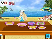 Screenshot of Anna Cooking Beach Burger game, showing a cheerful girl holding a spatula next to a beautifully decorated gourmet burger on a plate.