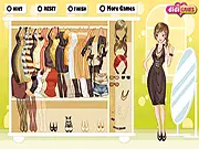 Screenshot of Golden Autumn Dressup showing a female character modeling a fashionable layered outfit for fall with boots and a scarf.