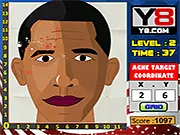Screenshot of Obama Facial skill game, showing a close-up of Barack Obama's face with acne marked by coordinates, challenging the player to click accurately.