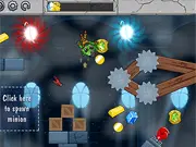 Free online idle game thumbnail for Monster Crusher, showing small minions collecting piles of gold coins and treasure.