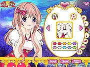 Screenshot of Virtual Character Creator game showing a customizable anime girl avatar with many clothing options.