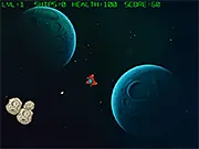 Roid Runner space game screenshot showing a spaceship shooting bullets at large grey asteroids in space