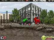 Screenshot of 18 Wheeler Heavy Cargo game showing a large semi-truck struggling to balance its heavy load on a steep, bumpy hill.