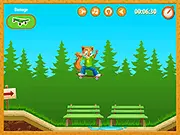 The Crazy Squirrel character riding a bike or 4-wheeler while jumping over a large obstacle in the free stunt game.