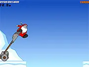 Slingshot Santa!!! game screen showing Santa Claus loaded into a giant slingshot ready to be launched across a snowy winter landscape.