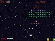Play Galaxian Mission: Defeat free online – view of the arcade game screen showing alien invaders attacking a human spaceship.