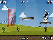 Mini Heads free online game screenshot showing small characters standing on a platform with hats and blocks, demonstrating a physics puzzle.