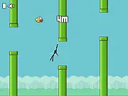 Spider Stickman 3 gameplay screenshot, featuring a stickman swinging via a web line over a gap between green pipes