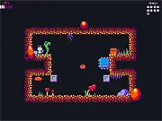 Gameplay screenshot of Stack Bunnies Free, showing a small white bunny character balancing a huge, unstable vertical stack of different weapons (guns, axes, swords) while fighting small cave creatures.