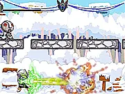 Screenshot of Armored Warriors Atlis, showing the large, metallic Atlis mech preparing to fight an enemy robot in an urban environment