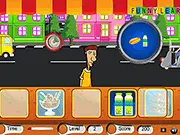 Cartoon image of a mobile fast food car with a line of customers waiting for their food in the free online game