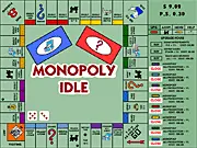 The game screen of Monopoly Idle showing properties, houses, and hotels being built on the game board for passive income.