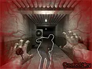 Gameplay screenshot from Hell Hall showing a character running down a dark hallway to avoid obstacles while being chased by a zombie