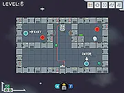 Screenshot of the Cosmo Gravity game showing an astronaut character floating between platforms, avoiding a saw blade and an alien enemy in a space station environment, free online on Friv.
