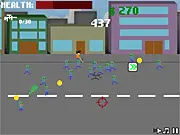 Run Till You Die game screenshot showing a character running through a zombie town while dodging a group of chasing undead figures