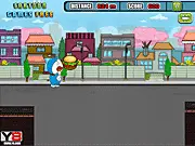Run Doraemon Run online game screenshot, showing Doraemon jumping over a gap while collecting a burger