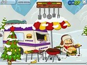 A hamburger flying over a snowy landscape, accelerated by a jet of ketchup, in the free online game Mad Burger 2 on PlayArcadeHub.