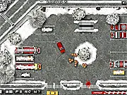 Winter Firefighters Truck 2 game screenshot, red fire truck driving fast on a snowy street, free online simulation game