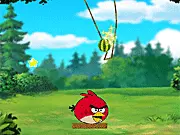 Screenshot of Angry Birds Adventure free online game showing a watermelon suspended by ropes over an Angry Bird character's mouth