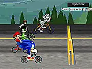 Screenshot of Stars Racing showing Mario, Sonic, and Bugs Bunny racing a kart across a hilly, obstacle-filled track