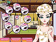 Screenshot of Cherry Blossom Makeover game - A girl with beautiful makeup and a floral dress standing in front of a cherry blossom tree background, free online fashion game.