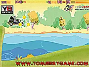 Tom and Jerry Green Valley game graphic showing Tom driving a small red car through a colorful, bumpy landscape with hills