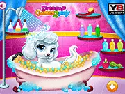 A princess grooming her pet puppy, giving it a bath and adding elegant accessories in the free Princess Pet Grooming game on PlayArcadeHub