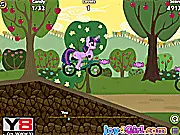 Little Pony Bike Racing game featuring Twilight Sparkle and Applejack riding dirt bikes on a colorful mountain track