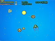 Screenshot of Techno Invaders free online arcade game, showing a spaceship firing amidst a backdrop of techno-style graphics and enemy ships.