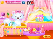 Princess Belle caring for her kitten Snowdrop, giving a bath, grooming, and dress-up in a free online game on PlayArcadeHub