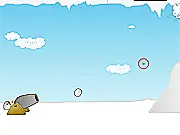 Screenshot of Learn to Fly Idle free online game, showing a penguin aiming a large cannon at a snowy target.