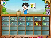 Gameplay screen of Variety Food Shop Online, showing the counter with various food items and a customer waiting