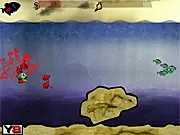Feed Us Happy free online game screenshot showing a large, upgraded piranha with sharp jaws and a torpedo, swimming through blood-red water
