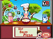 Hot Bacon Pizza free online cooking game screenshot showing a delicious-looking bacon pizza being served from a professional kitchen