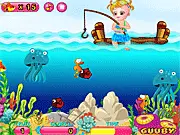 Screenshot of Baby Hazel Fishing Day, a casual online game for kids showing Baby Hazel sitting by the water with a fishing rod.