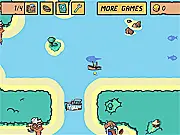 Fishy Waters free online game screen showing a small fishing boat on the ocean, with the heroine reeling in a large, colorful, exotic fish.