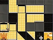 Gameplay screenshot from Dog House, a free online sliding block puzzle game showing a dog navigating a maze of moveable rooms to find a dinner bowl.