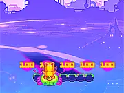 Flash Cat game screenshot showing a pixelated cat piloting a strange, legged machine over dangerous spikes on a colorful platform course - PlayArcadeHub