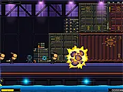 Final Ninja Zero game screenshot showing the ninja character Takeshi mid-swing from a grappling hook over a hazardous gap, shooting a shuriken - Free Online Game