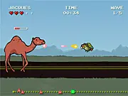 Jontron Bird vs Camel free online shooter game, Jacques the bird defends Jon, side-scrolling action against camels