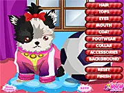 Yorkie Dressup free online game screenshot featuring a cute Yorkshire Terrier puppy wearing a stylish outfit