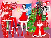 A young woman wearing a glamorous red and white Santa Claus-themed costume in the dress up game