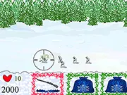 Screenshot from the Save Santa game showing Santa Claus hiding while the player shoots incoming snowman monsters