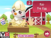 Easter Baby Chick Care free game screenshot showing an adorable baby chick being fed on a sunny farm