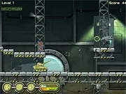 Gameplay screenshot of Tank Travel Online showing a small military tank driving through bombed-out, gray city ruins, firing its cannon at an unseen enemy defense system.