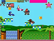 Sonic the Hedgehog, Knuckles, Rouge, and Egg Man racing in a classic Sonic environment in the game Sonic Stars Race 2