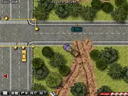 Timber Lorry Driver game screenshot showing a large truck loaded with logs driving on a busy city road