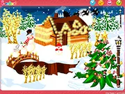 Play Outdoor Xmas free online village decorating game screenshot. A beautifully arranged Christmas village scene with houses and snow. PlayArcadeHub.
